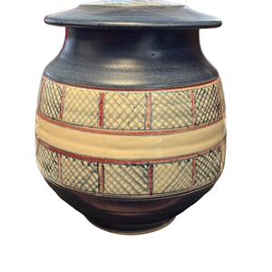 Vintage Blue and Cream Patterned Raku Studio Pottery Vase With Lid